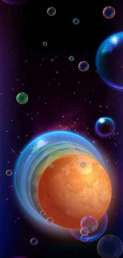 Vibrant cosmic wallpaper with planets and bubbles.