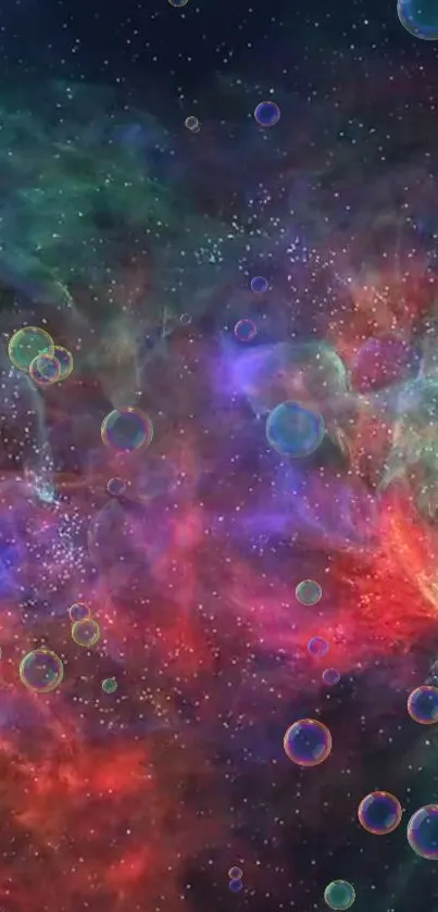 Vibrant cosmic wallpaper with colorful nebula and bubbles.