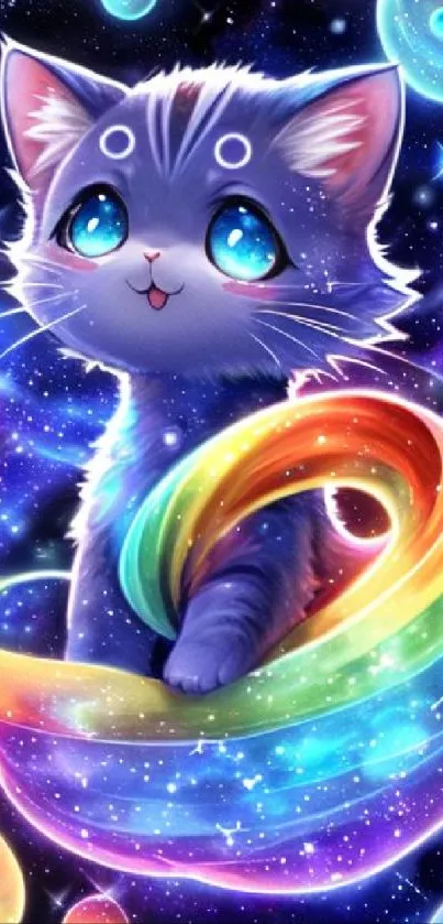 Cute cat with colorful rainbow swirl in cosmic space background.