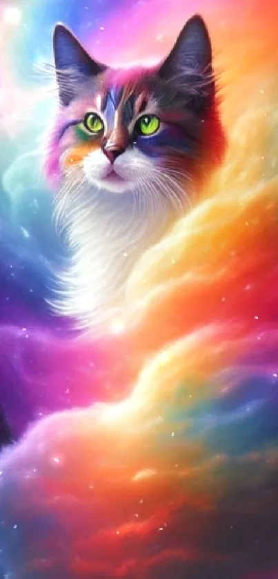 A cat surrounded by colorful, swirling cosmic clouds.