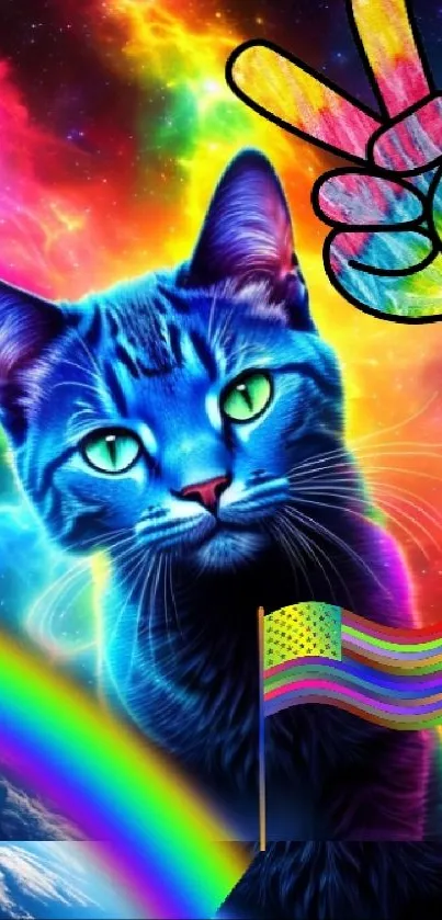 Vibrant neon cat with peace sign in cosmic galaxy.