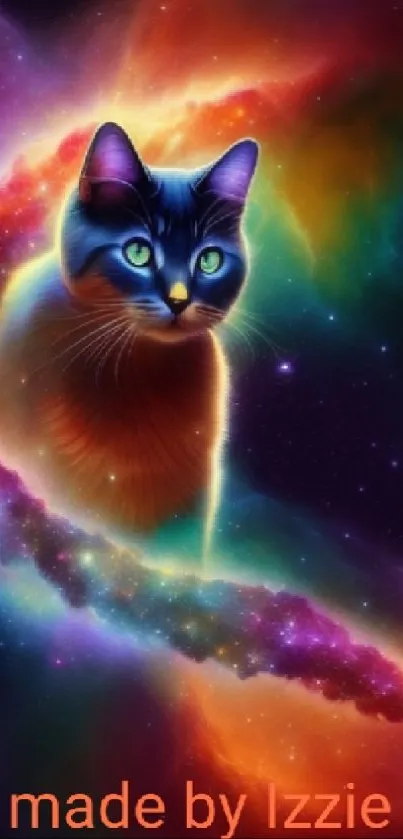 Cosmic cat surrounded by colorful nebulae in space.