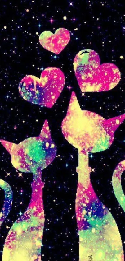 Colorful cosmic cats with hearts on a starry black background wallpaper.