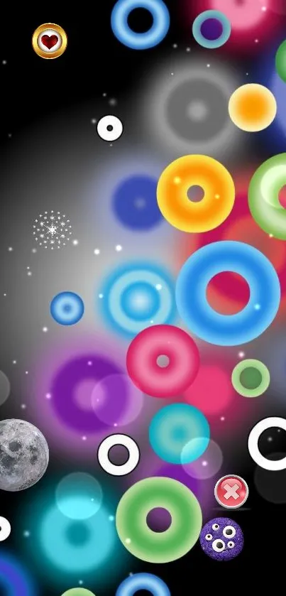 Mobile wallpaper with colorful cosmic circles and stars.