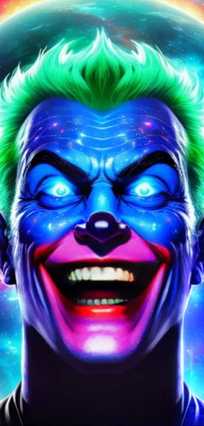 Colorful cosmic clown with neon colors on space background.