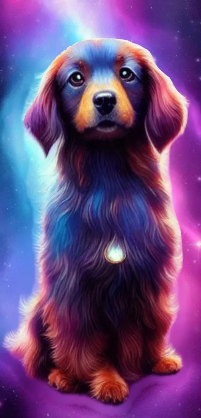 A colorful cosmic-themed dog on a galaxy background, perfect for mobile wallpaper.