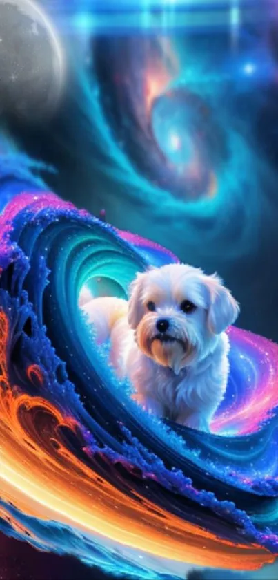 Cute dog in neon cosmic waves under a celestial sky.