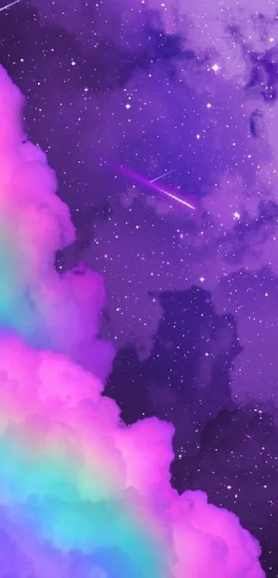 Vibrant purple clouds and starry sky wallpaper.