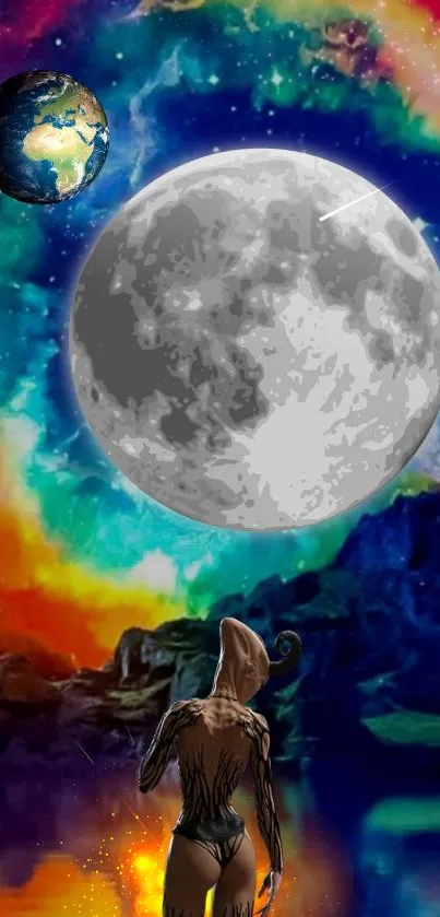 Colorful cosmic scene with a lake, ring, and distant planet.