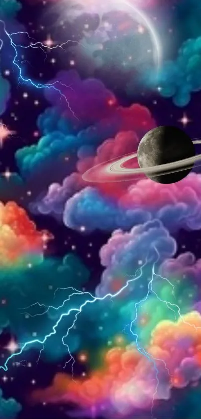 Colorful cosmic wallpaper with clouds and planet.