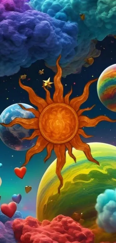 Colorful cosmic dreamscape with sun and planets.