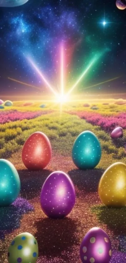 Colorful cosmic landscape with glowing eggs.
