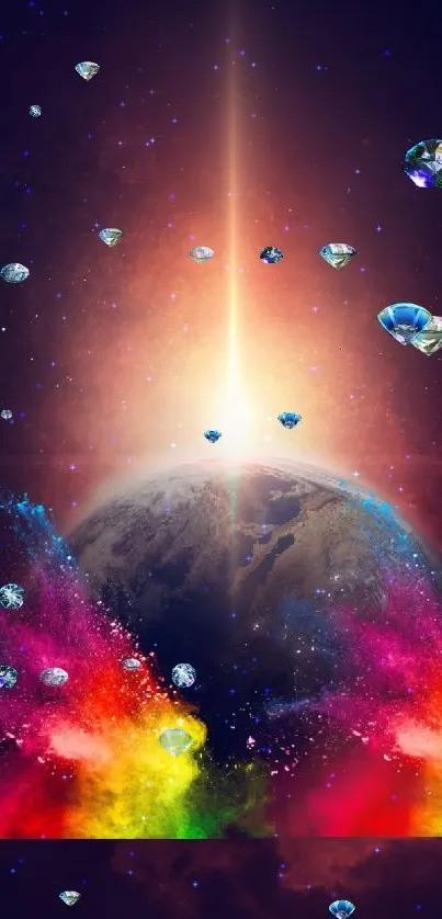 Vibrant cosmic explosion with colorful energy surrounding Earth.