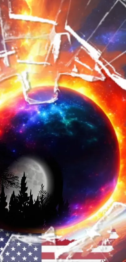 Vivid cosmic explosion with silhouette and shattered backdrop.