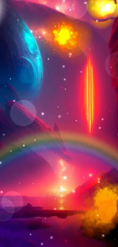 Vibrant cosmic fantasy wallpaper with planets, rainbow, and colorful elements.