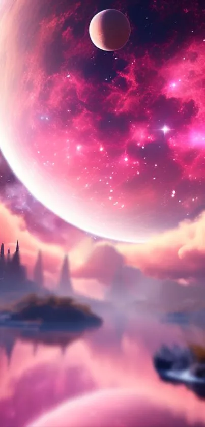 Fantasy landscape with colorful planets in a cosmic sky.