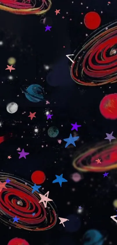 Colorful, artistic depiction of planets and stars on a dark blue cosmic background.