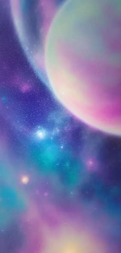 Colorful cosmic galaxy with vibrant planets and nebula.