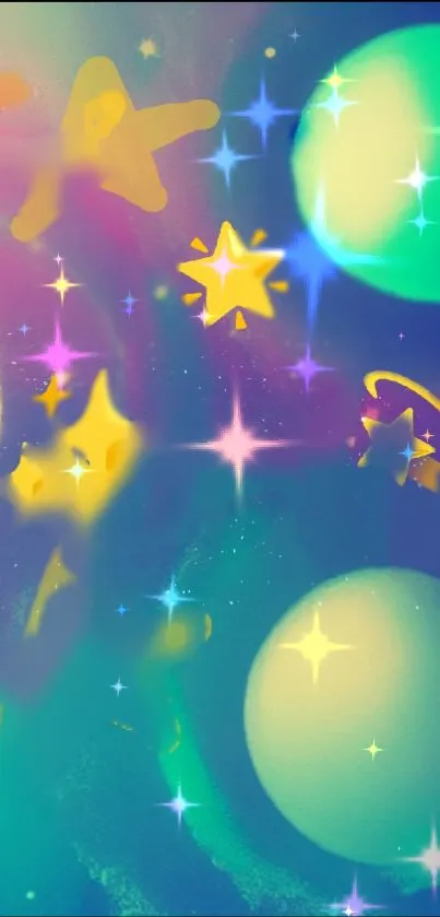 Colorful cosmic wallpaper with stars and planets.