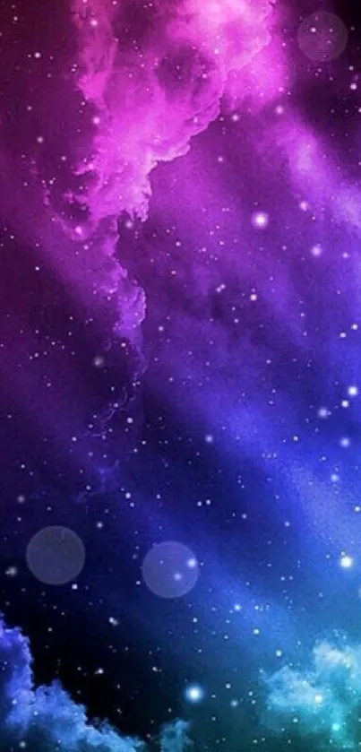 Mystical purple and blue galaxy wallpaper with starry sky.