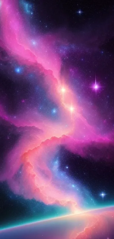 Vibrant purple and pink galaxy with stars and nebula on a cosmic wallpaper.