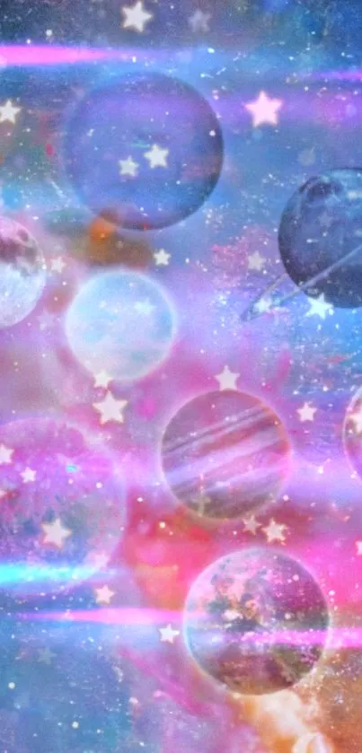 Colorful galaxy with planets and stars.