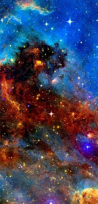 Vibrant cosmic galaxy wallpaper with blue and fiery nebulas.