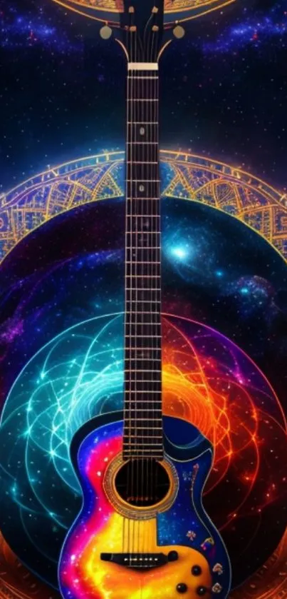 Colorful cosmic guitar on artistic background.