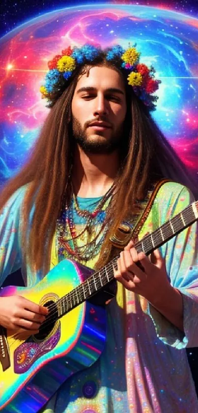 A guitarist with a flower crown plays under a vibrant cosmic sky.