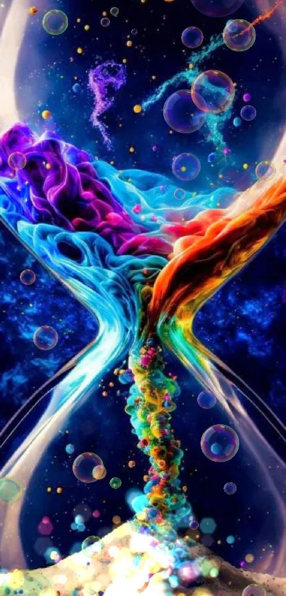 Vibrant hourglass with colorful sand in space.