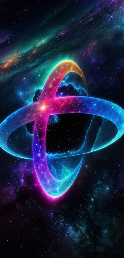 Colorful cosmic infinity wallpaper with vibrant neon hues and deep space backdrop.