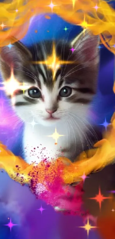 Colorful cosmic kitten with vibrant hues in a mystical setting.