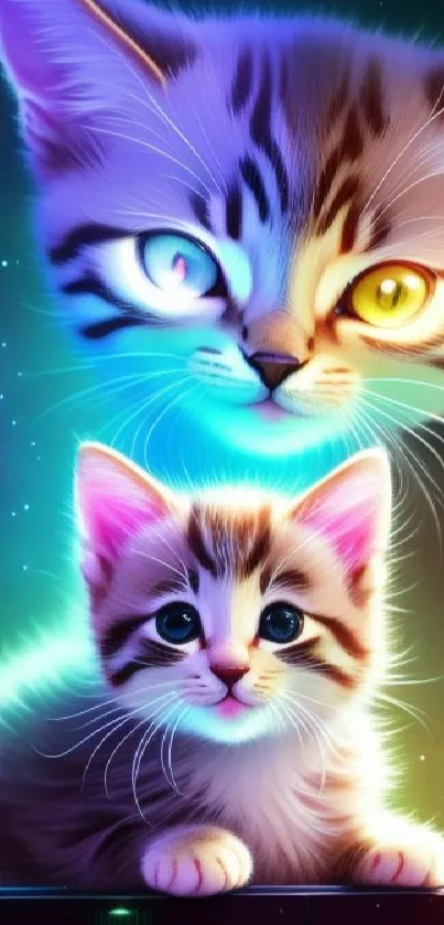 Two vibrant cosmic kittens against a neon galaxy backdrop.