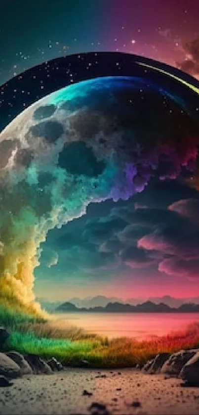 Colorful cosmic landscape with surreal sky and rainbow-hued arch in mobile wallpaper.