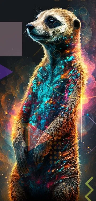 Colorful cosmic meerkat on a dark background, sparkling with vibrant hues.