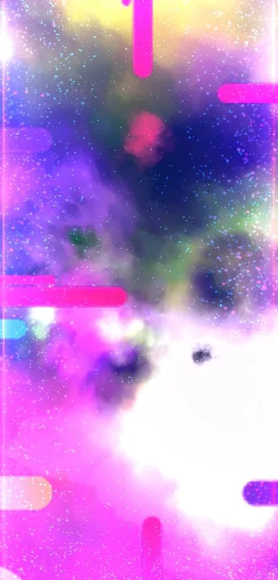 Vibrant cosmic wallpaper with neon colors and galaxy stars.
