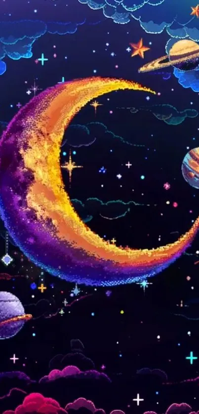 Vibrant cosmic artwork featuring a colorful crescent moon and planets.