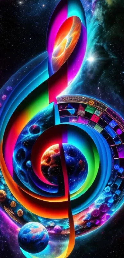 Colorful cosmic music note wallpaper with vibrant planets and galaxies.