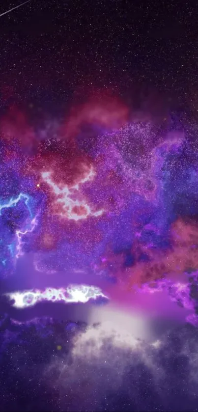 Vibrant cosmic nebula wallpaper with purples and blues against a starry sky.