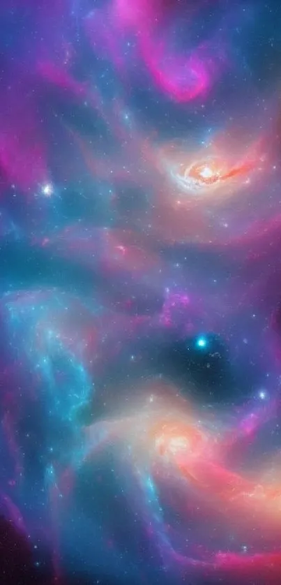 Vibrant cosmic nebula with purple, blue, and pink swirls in outer space.