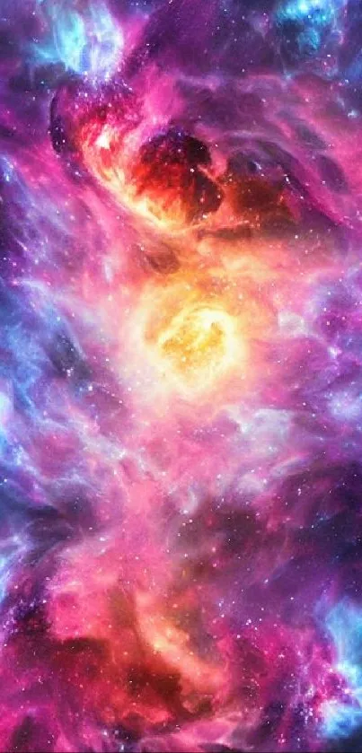 Vibrant cosmic nebula with purple, blue, and orange hues for mobile wallpaper.