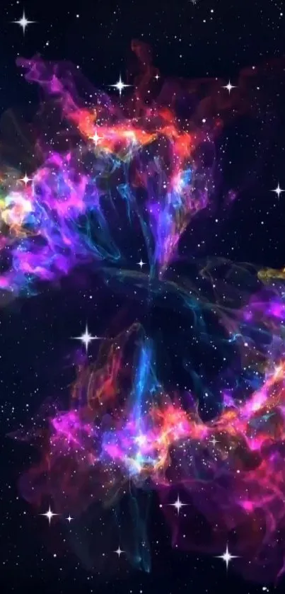 Vibrant cosmic nebula with stars in space, creating a colorful background scene.