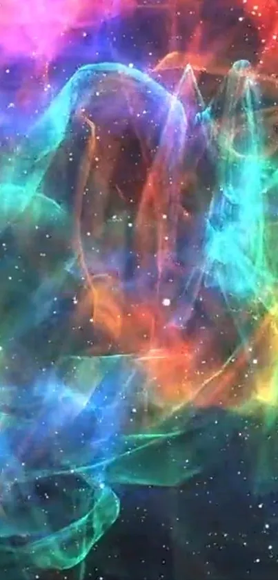 Vibrant cosmic nebula wallpaper with swirling colors and star patterns.