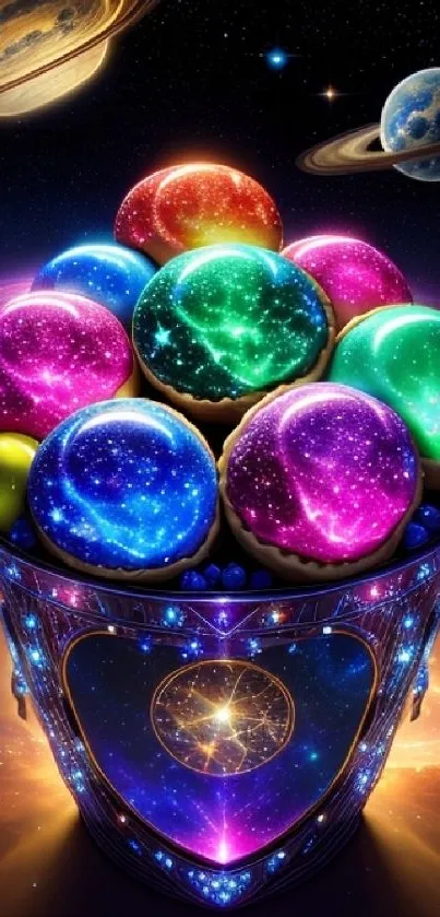 Colorful cosmic orbs glowing in space themed wallpaper.