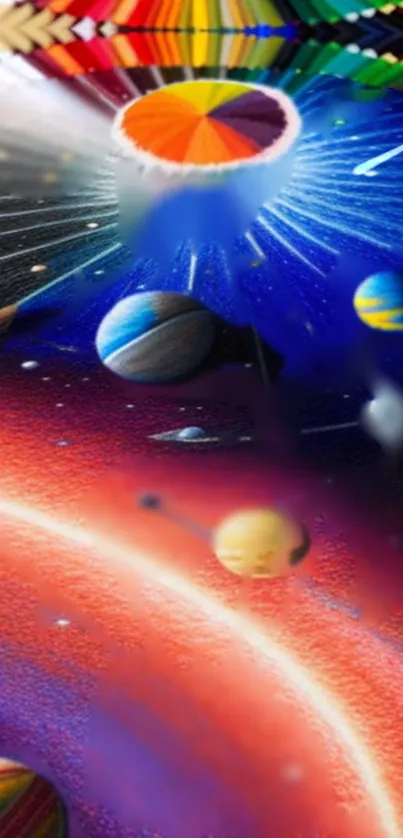 Vivid cosmic wallpaper with planets and colorful pencils bursting from a center.