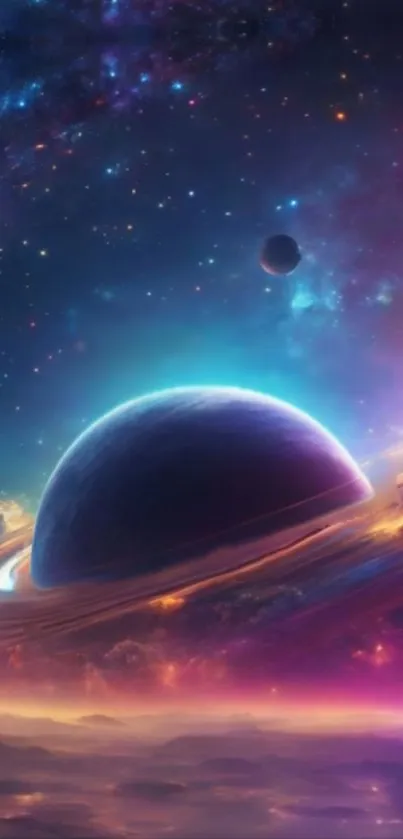 Colorful cosmic planet with rings in a galaxy.