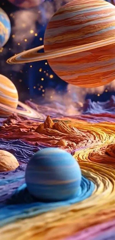 Colorful cosmic scene with planets and stars.