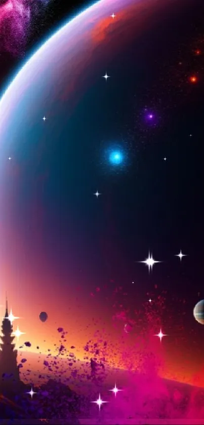 Colorful cosmic scene with planets and stars, perfect for mobile wallpaper.