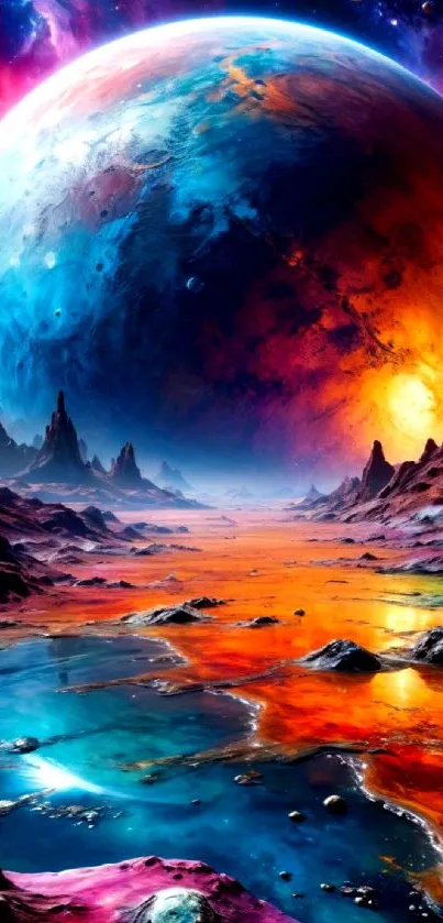 Colorful alien planet with vivid colors and surreal landscape.