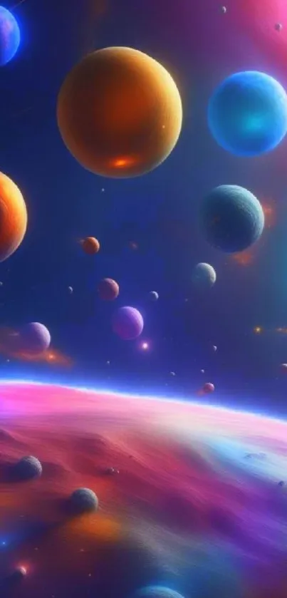 Vivid cosmic scene with floating colorful planets and a galactic background.
